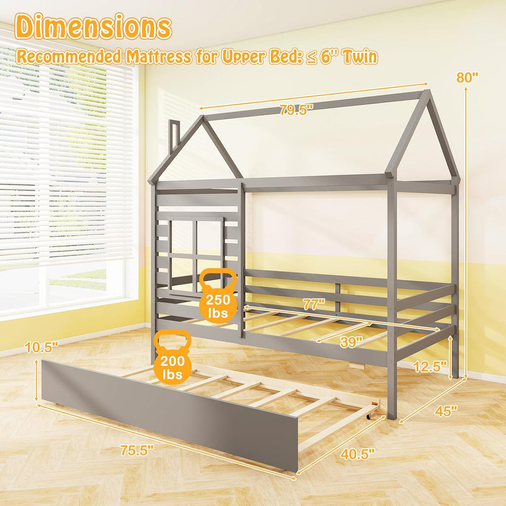 Tw Bed with Trundle Bed, Wooden Twin Bed Frames with Roof, Chimney & Window, Montessori House Bed with Safety