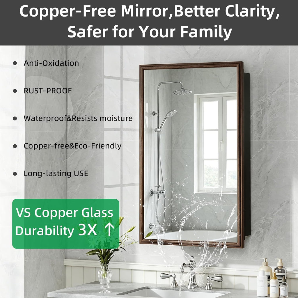 Recessed Medicine Cabinet Mirror with Storage,Brown Aluminum Medicine Cabinet Frame Mirror,Tempered Glass,Mount