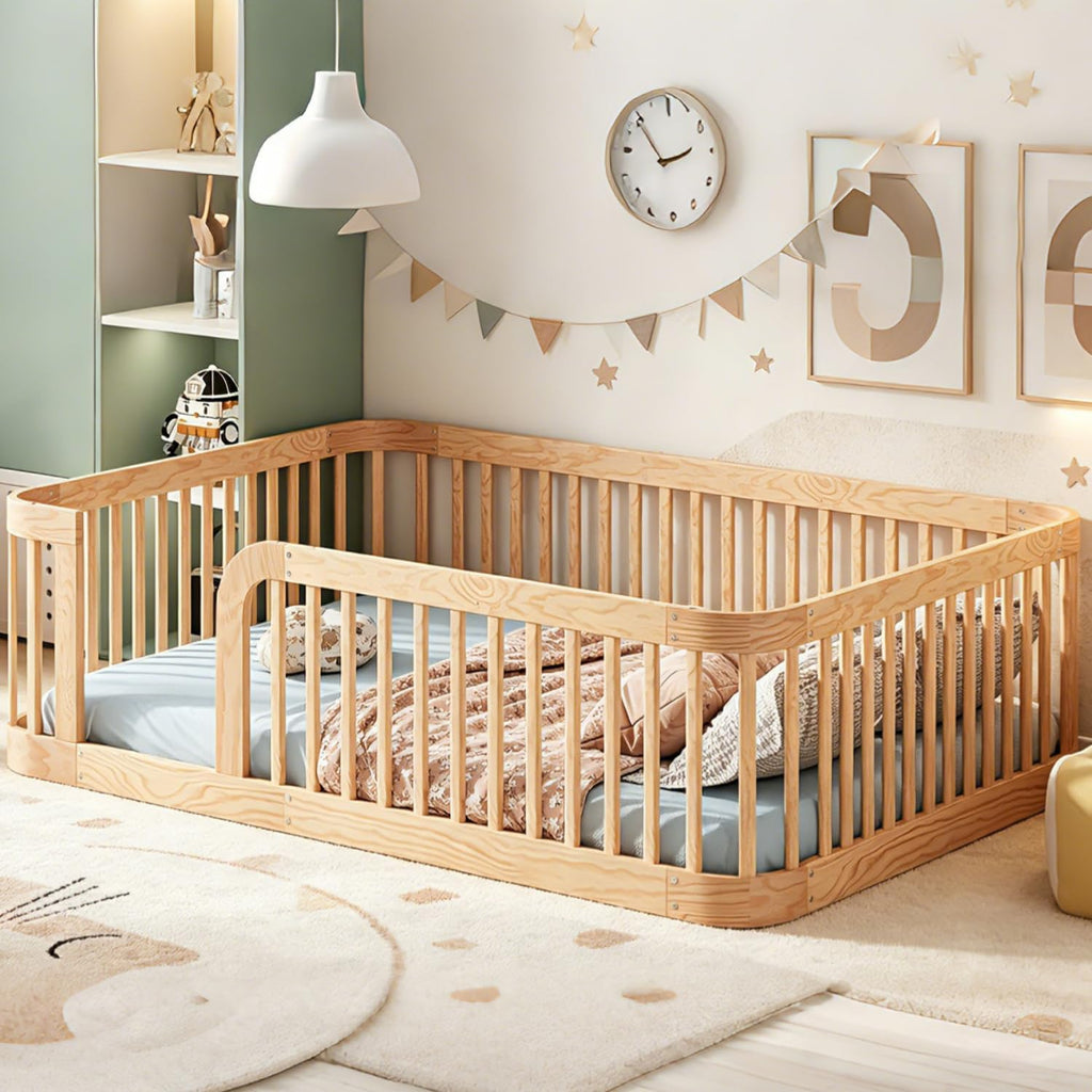 Full Size Montessori Floor Bed with 24" High Fence & Rounded Corners Design, Sturdy Wood Montessori Bed Frame, No