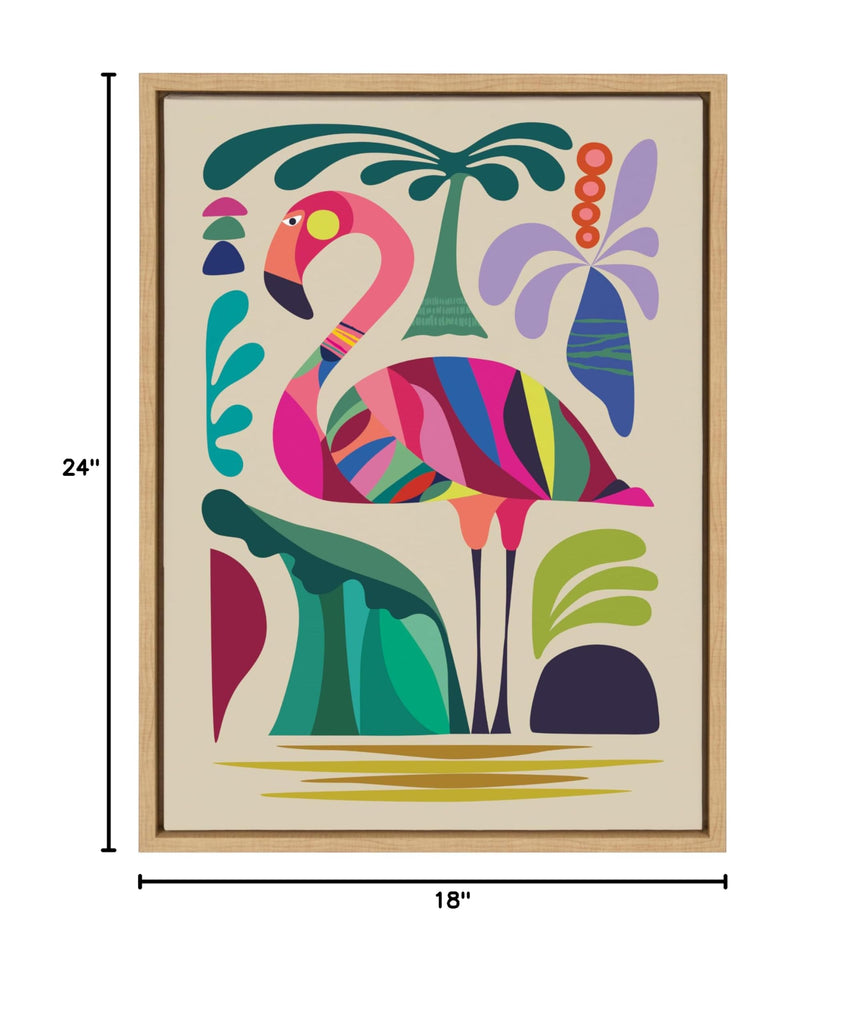Sylvie MCM Flamingo Framed Canvas Wall Art by Rachel Lee; 18x24 Natural; Colorful Mid-Century Animal Art for Wall