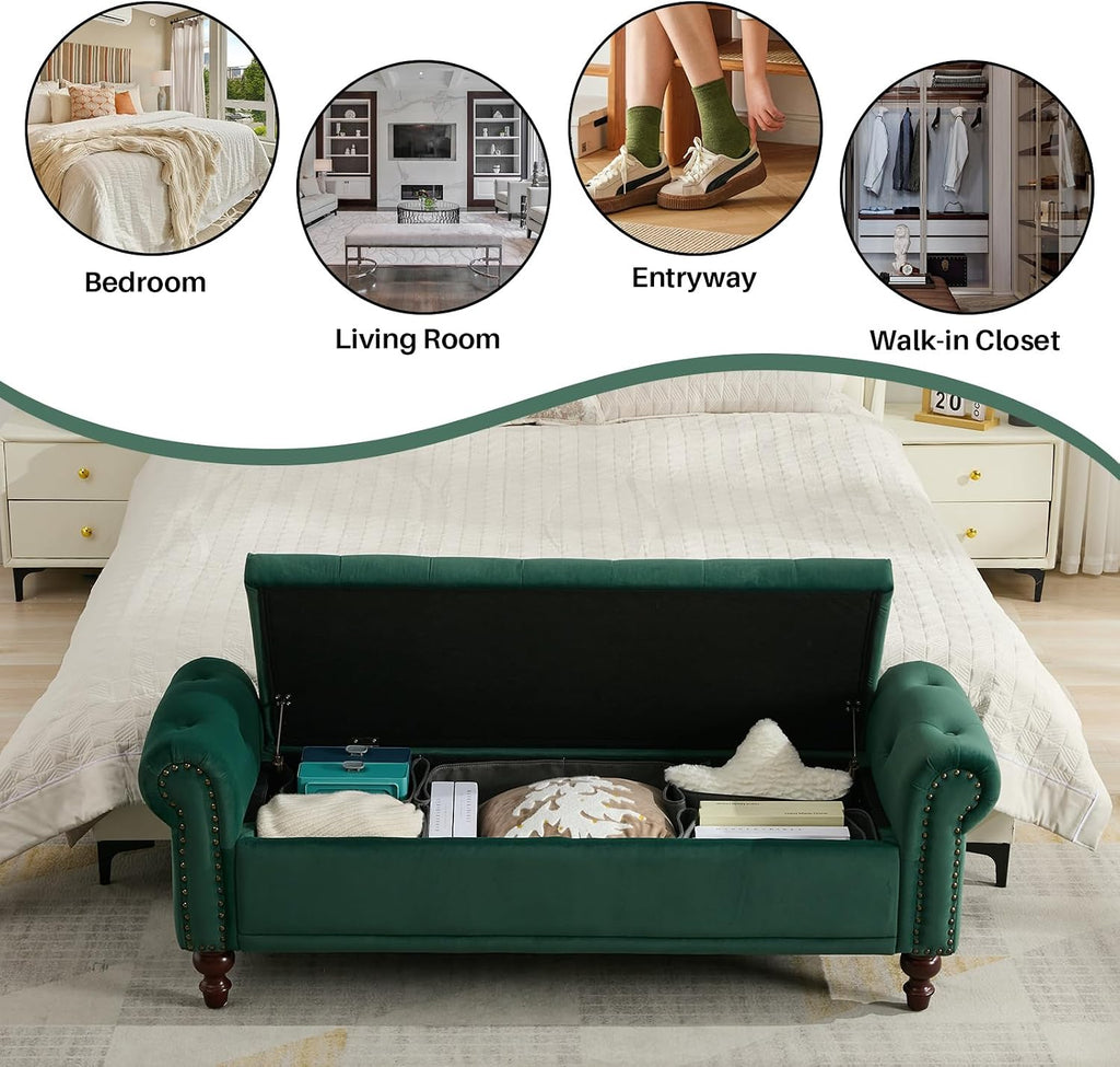 58.1" Storage Bench , Velvet Upholstered, Dark Green | End of Bedroom Bed Bench Ottoman with Tufted Cushioned Rolled