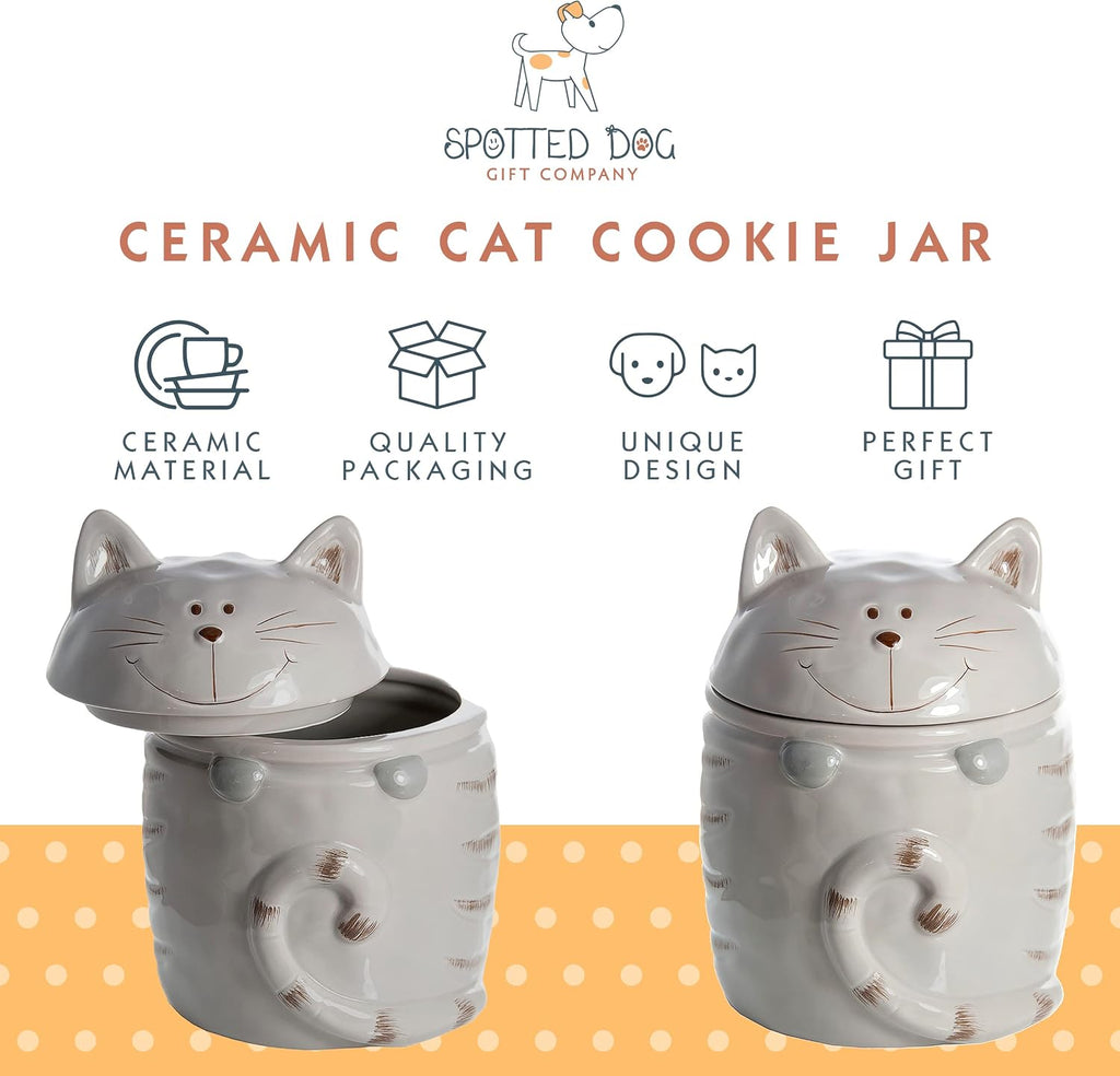 Ceramic Cookie Jar with Lid, Large Cat Treat Container for Cookies & Biscuits, Cute Novelty Kitchen Storage