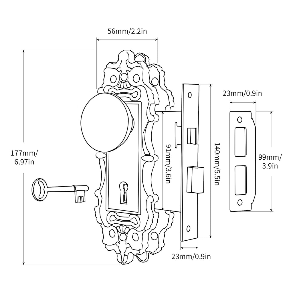 Mortise Lock Set for Interior Door, Antique Brass Door Knob with Lock and Skeleton Key, Antique Old Style Door Knob