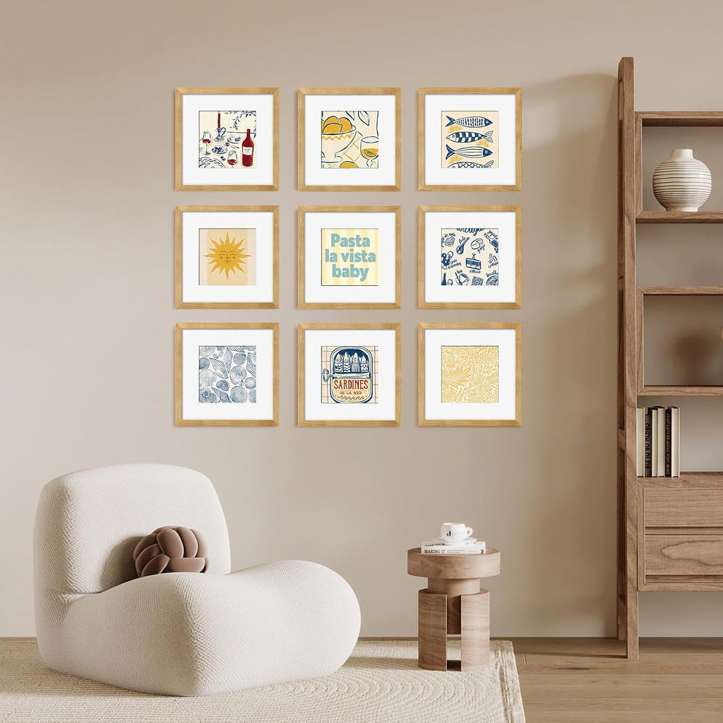 12x12 Picture Frame Set of 9, Photo Gallery Wall Frame Set, Display Pictures 8x8 with Mat or 12 x 12 Without Mat