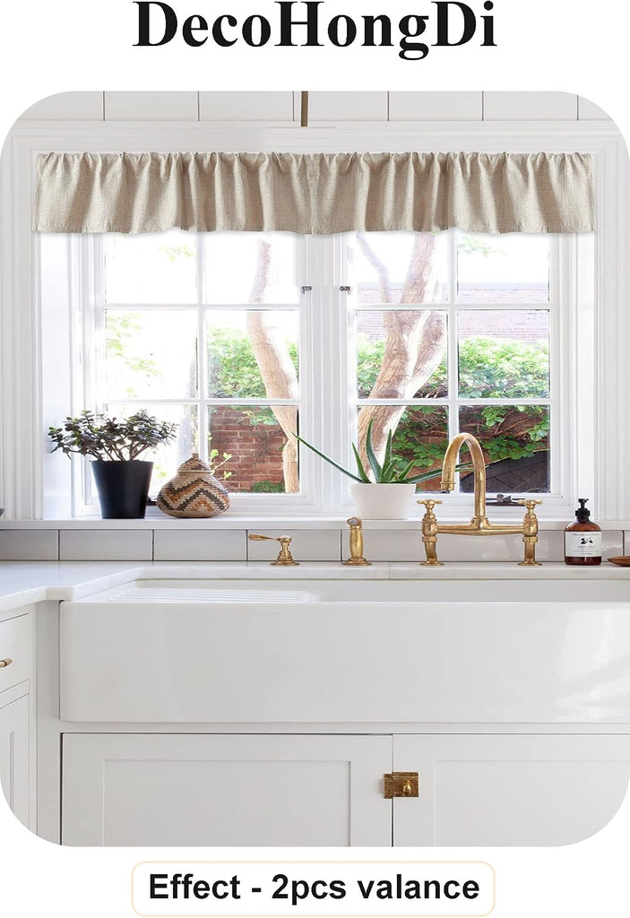 2 PC Valance for Window 10 Inch Length,Kitchen Window Valances Light Blocking,Burlap Linen Textured 104 Inch Wide