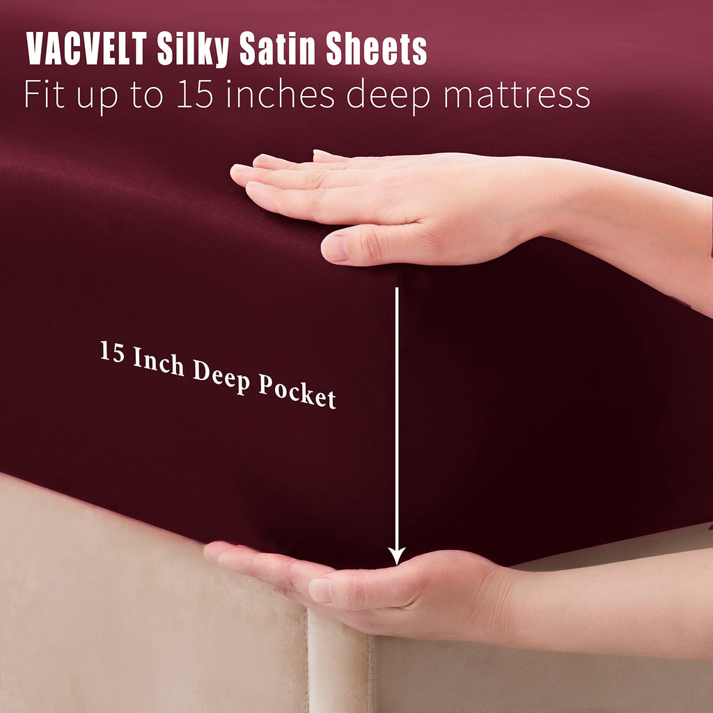 4pcs Burgundy Satin Sheets Queen Set, 15-Inch Deep Pocket