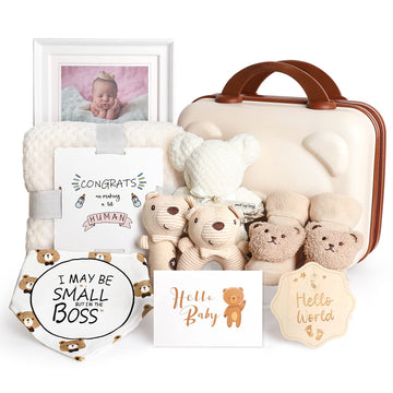 Baby Gift Set, Baby Shower Gifts for Girls Boys, Bear New Baby Gift Basket Include Newborn Rattle Blanket Wooden