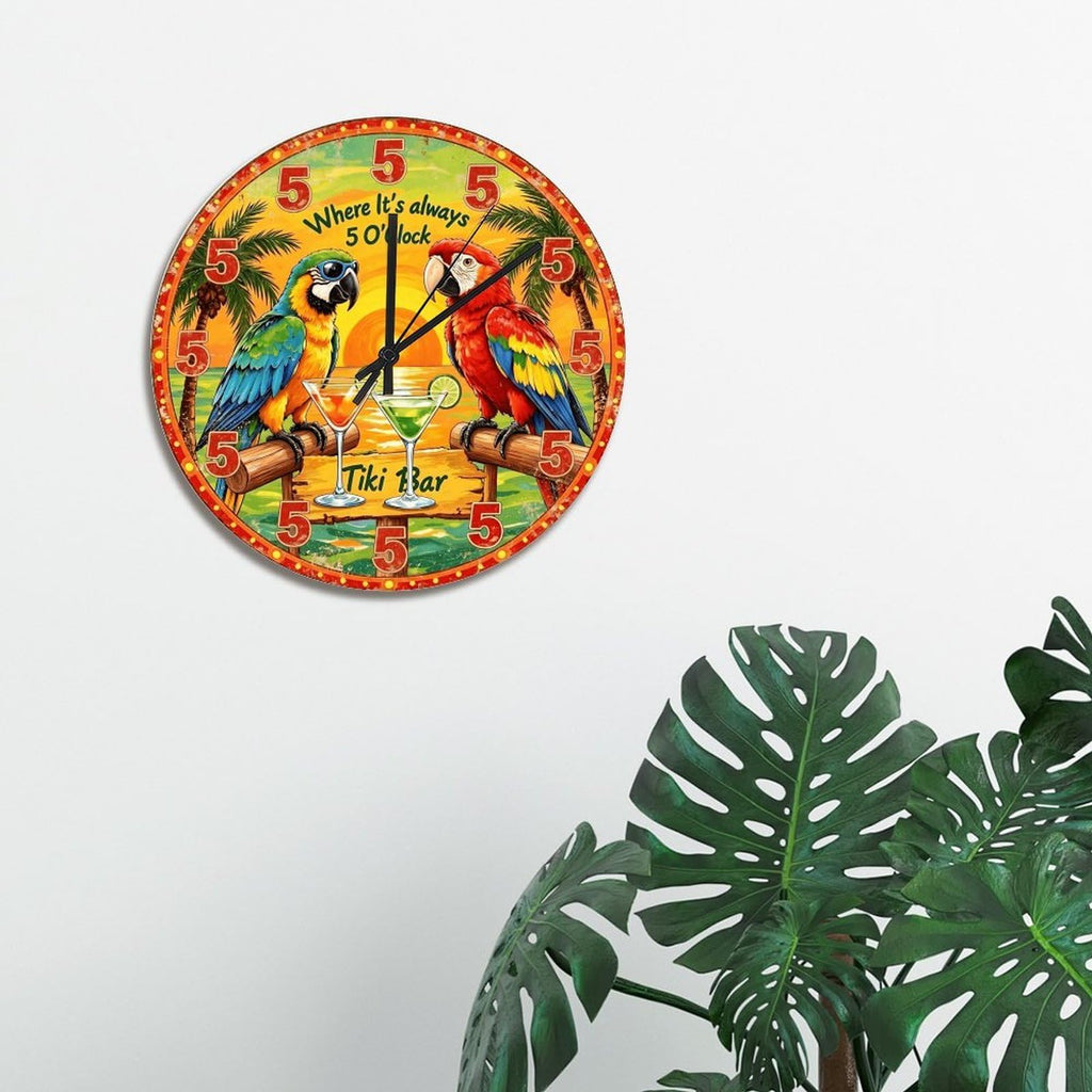 Parrot Retired Wall Clock Tiki Bar Always 5 O'clock 15 Inch Round Wall Clocks Battery Operated Silent Non-Ticking