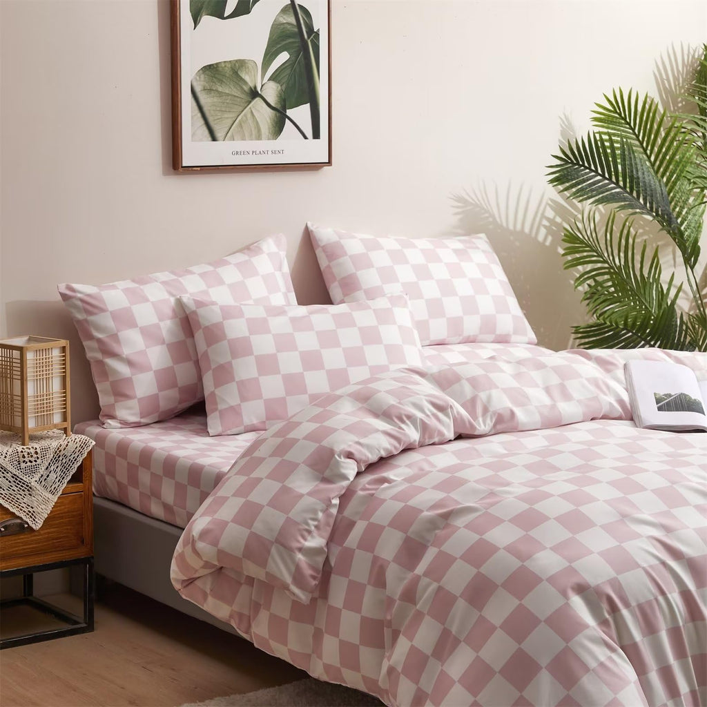 White and Pink Duvet Cover Plaid Checkerboard Bedding Set - Elegant Light Pink Grid Buffalo Checkered Comforter