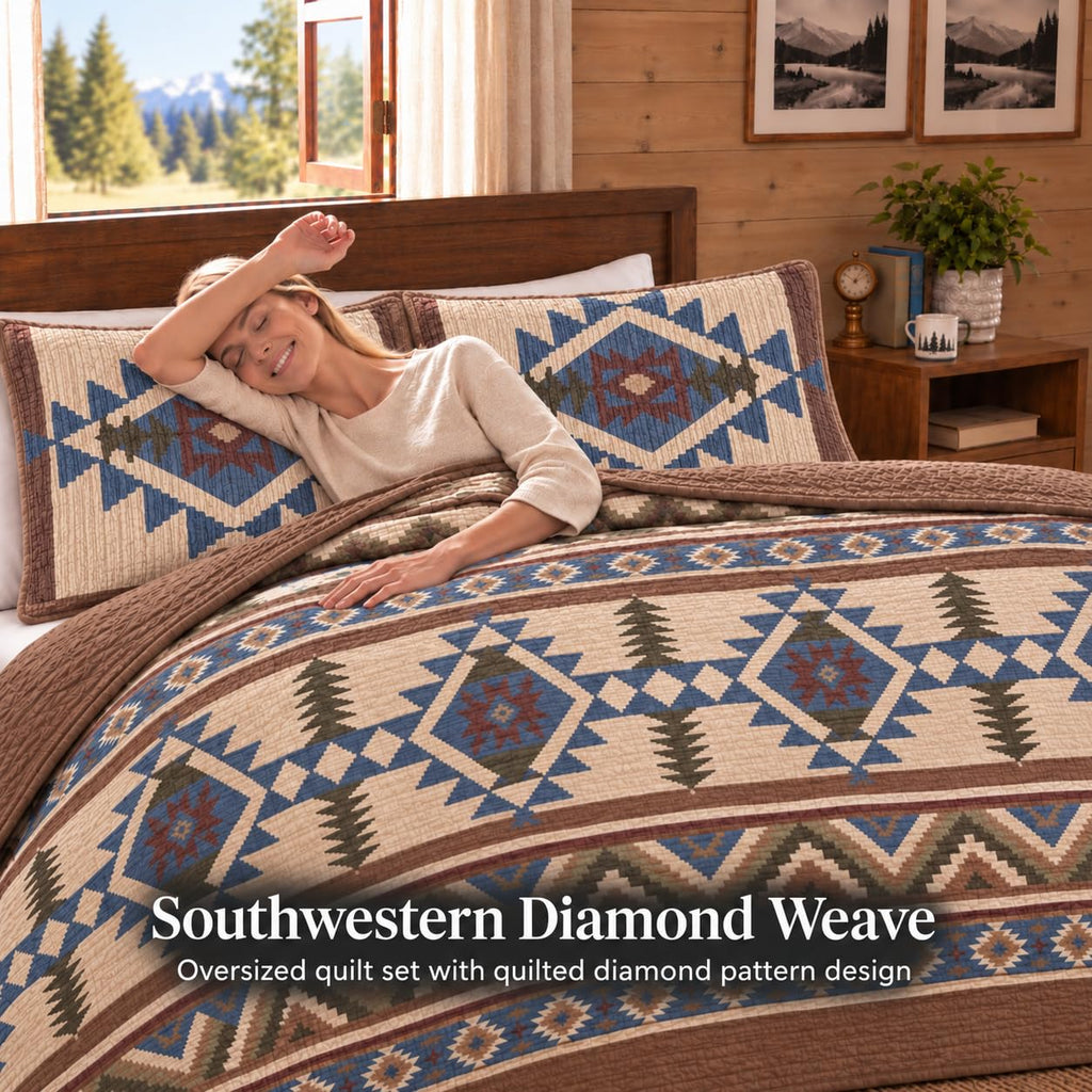 Rustic Western Southwestern Native American Tribal Navajo Design Oversized Bedspread Quilt Set in Beige Taupe Brown