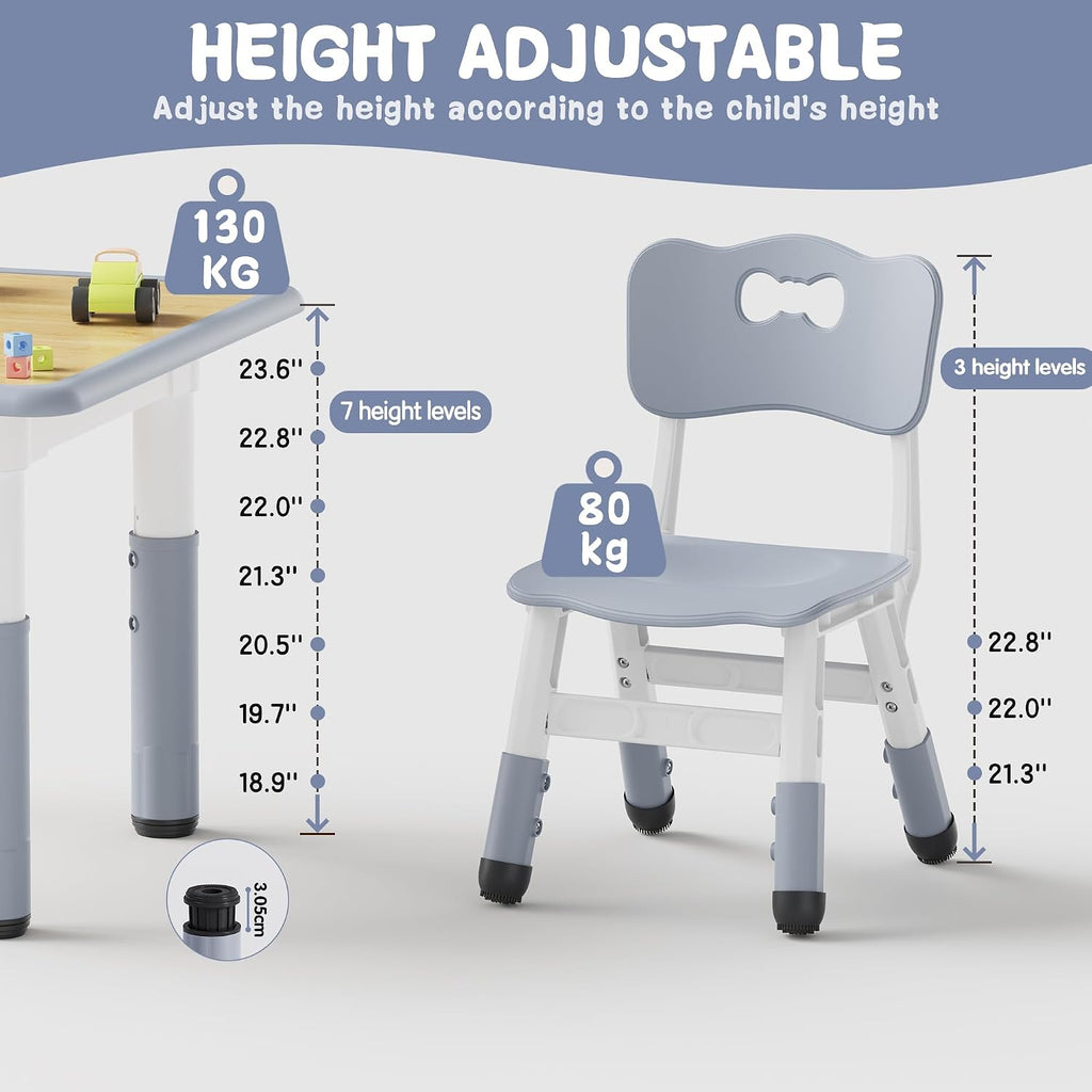 Height Adjustable Toddler Table and 2 Chairs Set, Grey