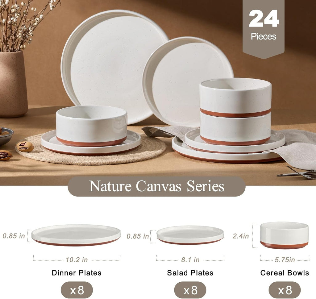 24 Pieces Porcelain Dinnerware Sets, Premium Plates and Bowls Set, High-Fired Ceramic Dishes Set for 8