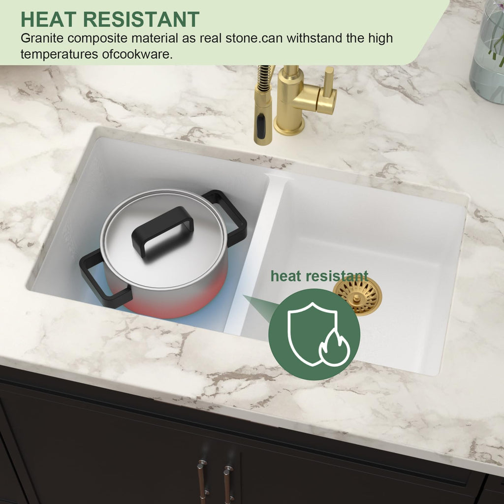 33 White Undermount Granite Composite Double Bowl Kitchen Sink