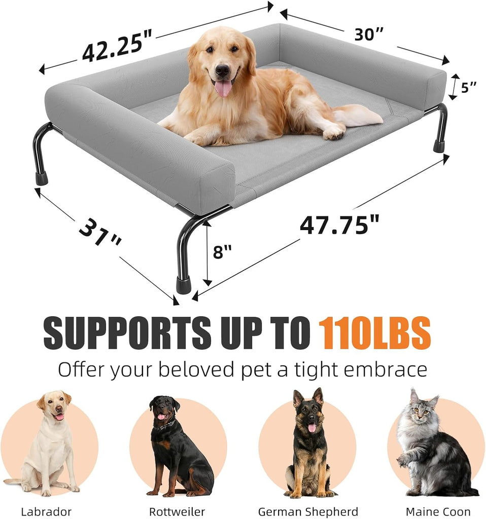 Elevated Dog Bed for Large Dogs with Bolsters, Grey