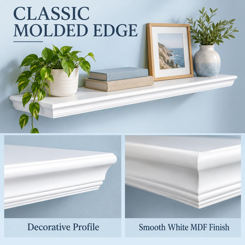 48" White Floating Shelf, 8" Deep Wall Ledge for Photos & Books