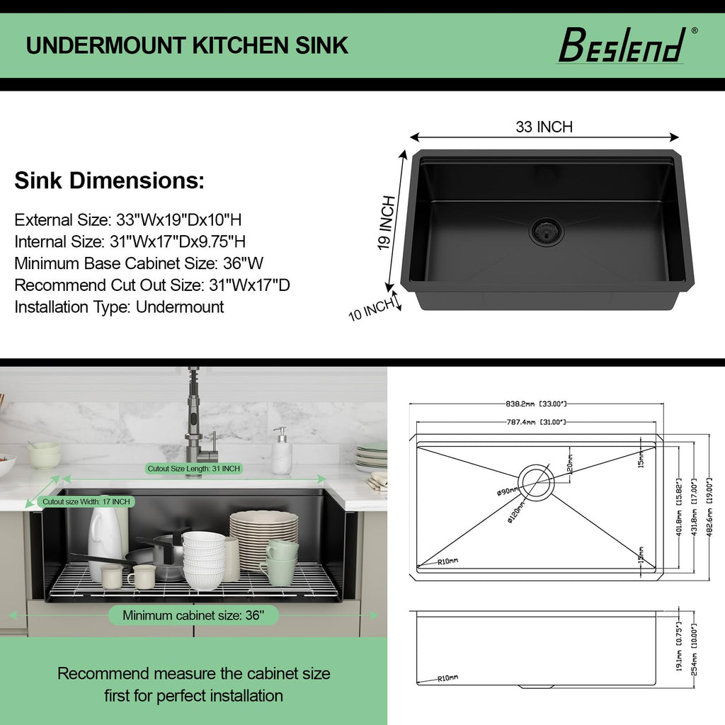 33 Inch Matte Black Undermount Kitchen Sink Workstation