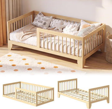 Montessori Floor Bed for Kids, Removable Rails, Burlywood