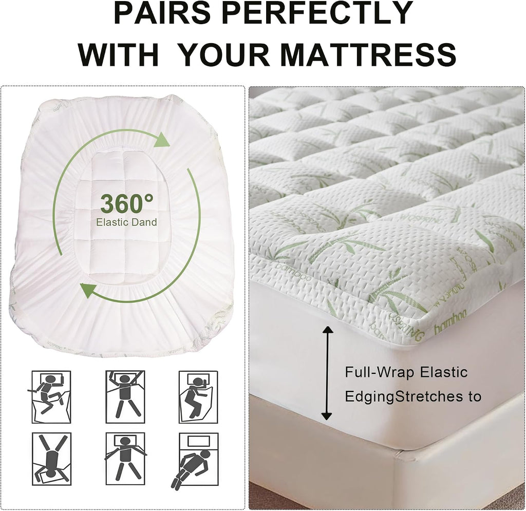 4 Inch Mattress Topper Full Size Memory Foam Bamboo Pillow Top Back Pain | Breathable Hypoallergenic OEKO-TEX