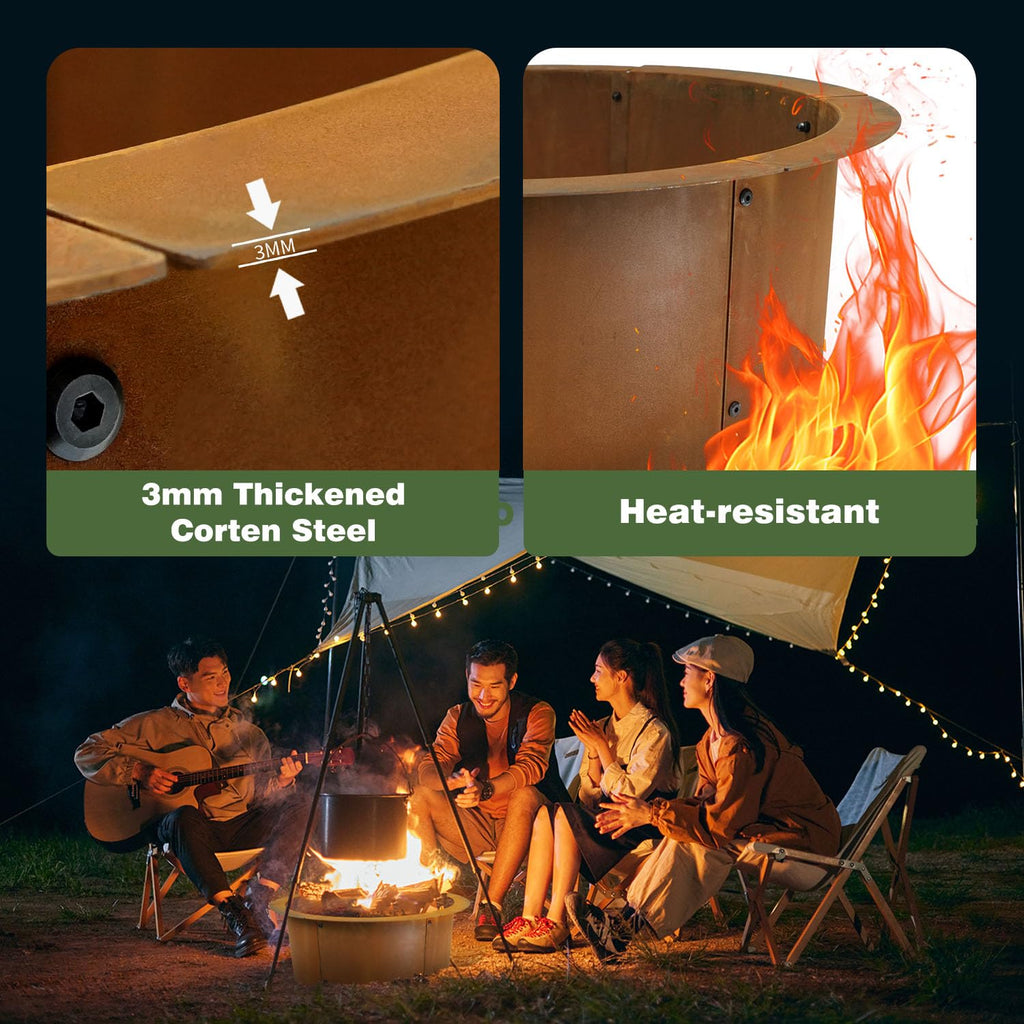 Outdoor Fire Pit Ring-27.5" Outer 23.6" Inter-Round Fire Pit Insert-Corten Steel Firepit Liner Heavy Duty Metal