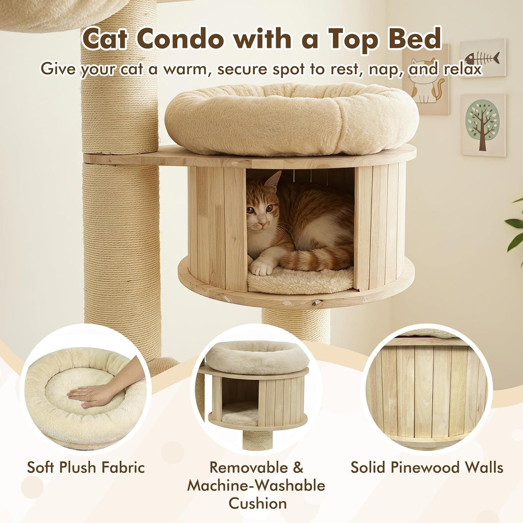75.5-inch Tall Wooden Cat Tree, Multi-Level Modern Cat Tower, Beige