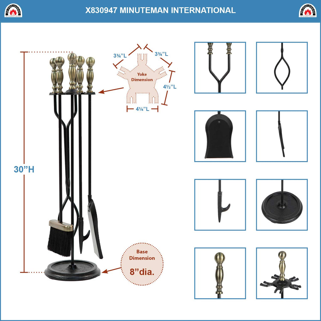 International Sutton 5-piece Fireplace Tool Set, Antique Brass and Black