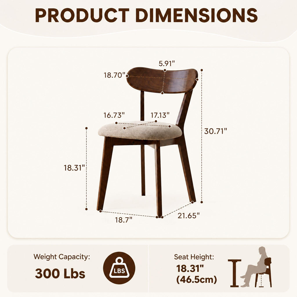 100% Solid Oak Dining Chairs, Mid Century Modern Dining Chair with Curved Backrest, Fabric Upholstered Dining Chairs