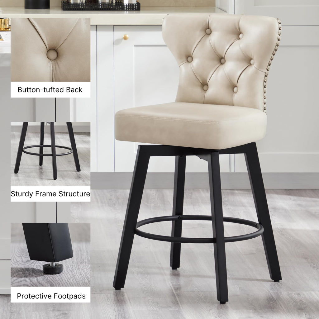 Counter Height Barstools 26 inch Upholstered Button Tufted Swivel Bar Stools with Back and Wood Legs Island, Set of