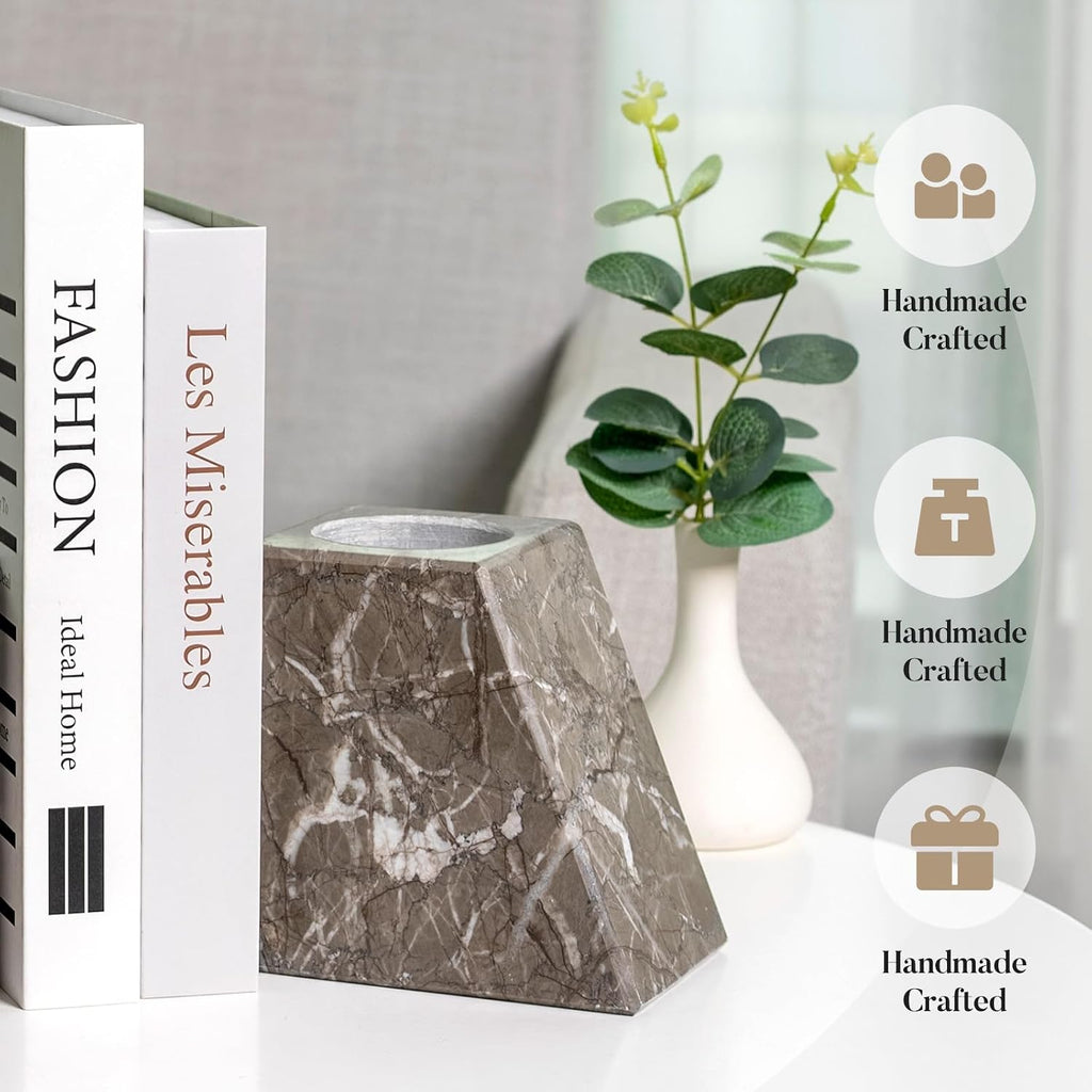 Marble Bookends Decorative, Natural Stone Book Stopper for Shelves, Unique Vase Book Ends Decoration (Gris Lido)