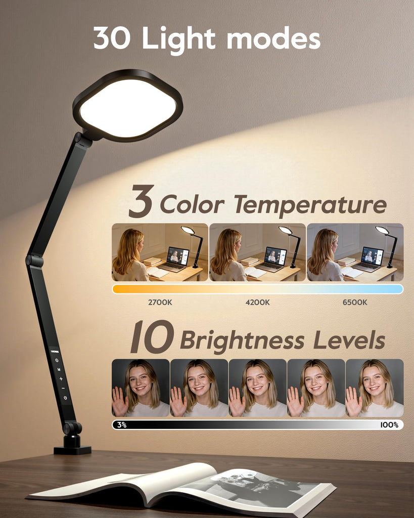 Remote LED Desk Lamp with Clamp, 2000LM, 30 Modes, Metal Arm