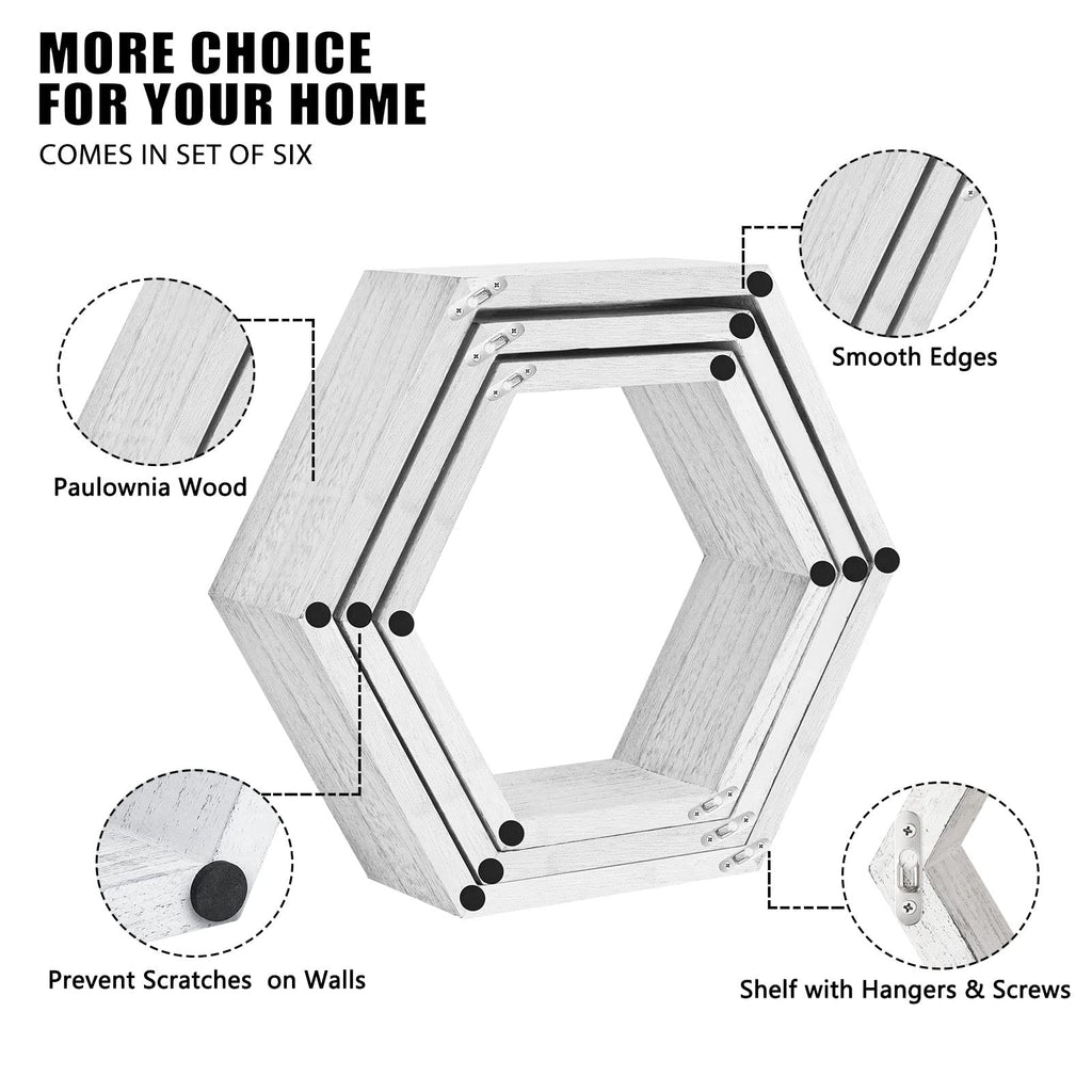 Hexagon Floating Shelves Set of 6, Wall Mounted Wood, Grey