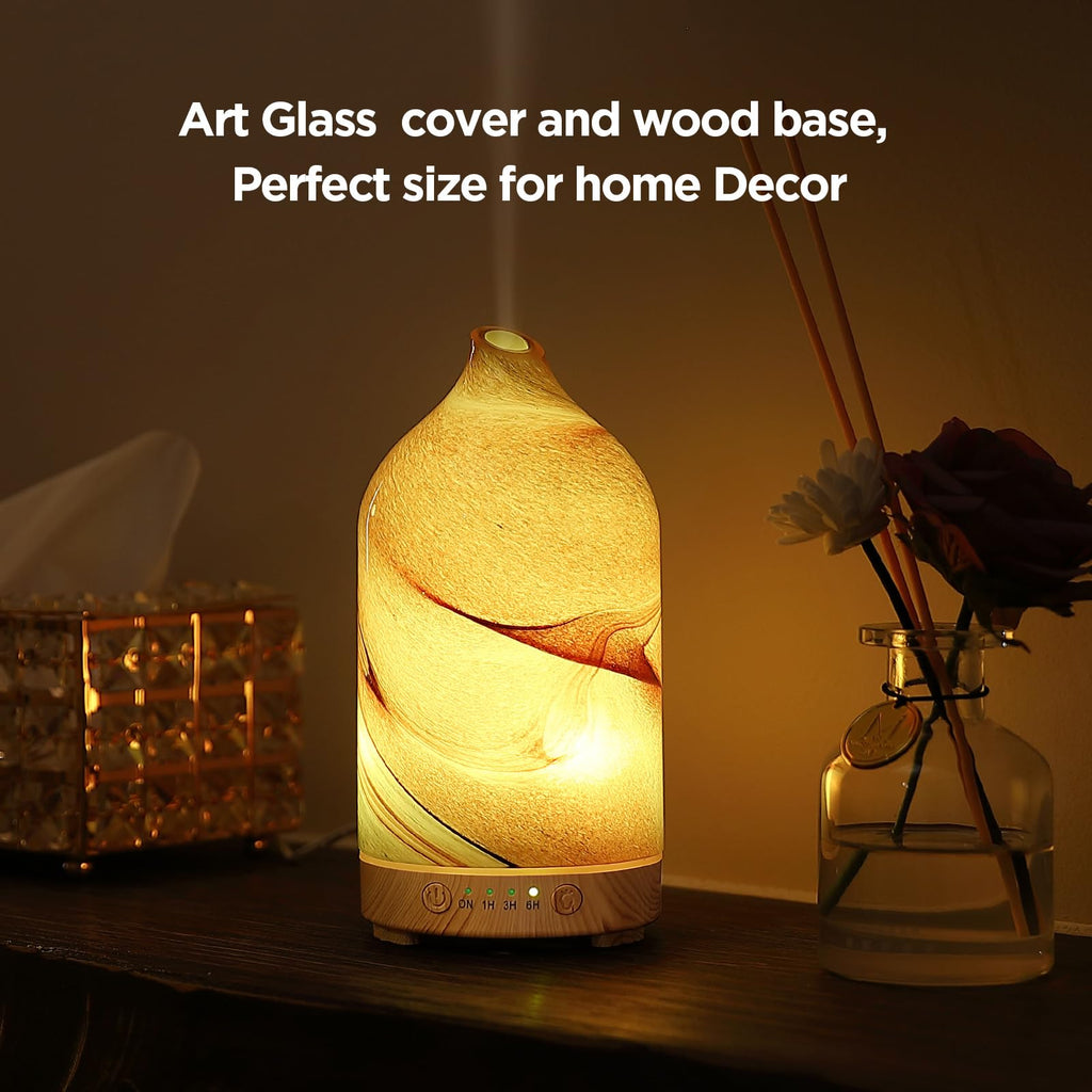 Essential Oil Diffuser Hand Blown Glass Aromatherapy Diffuser - Ultrasonic Cool Mist Scent Aroma Diffuser, Whisper