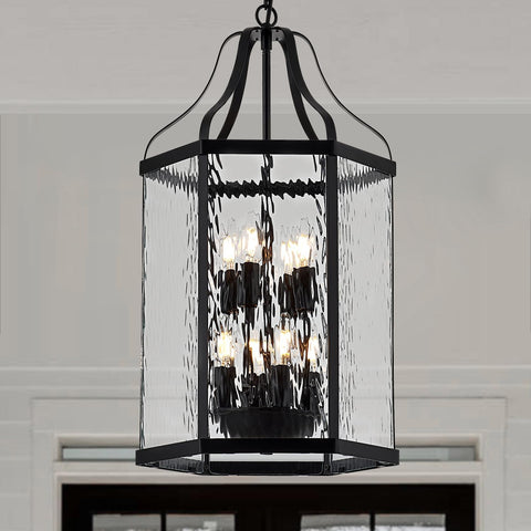 14" Modern 8-Light Exterior Black Lantern Pendant Light Fixture with Clear Rippled Glass Mini Industrial Hanging Cage