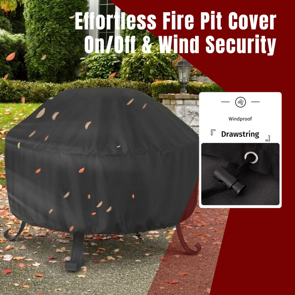 Fire Pit Cover Round 36 In, Outdoor Fire Pit Cover for 30-36 Inches Fire Pits, Windproof Drawstring & Waterproof