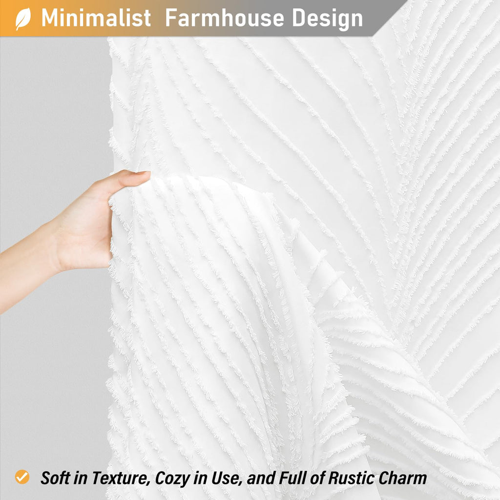 White Boho Tufted Leaves Textured Striped Tassel, 72x80
