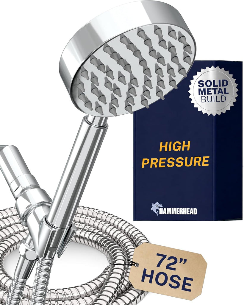 Solid Metal Handheld Shower Head with Hose and Brass Holder - CHROME