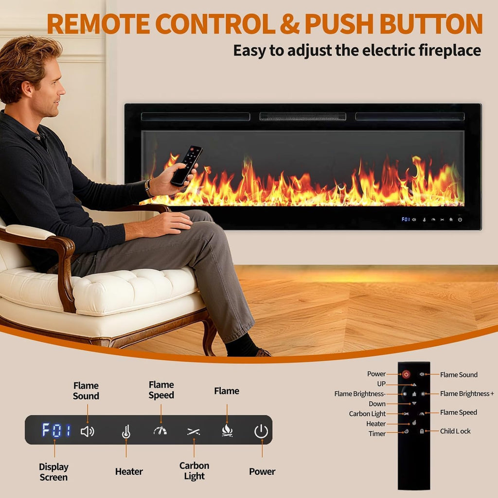 50 Inch Electric Fireplace Insert & Wall Mounted, Smart WiFi/Alexa Control, 1500/750w Heater, 12 Flame Colors, Remote