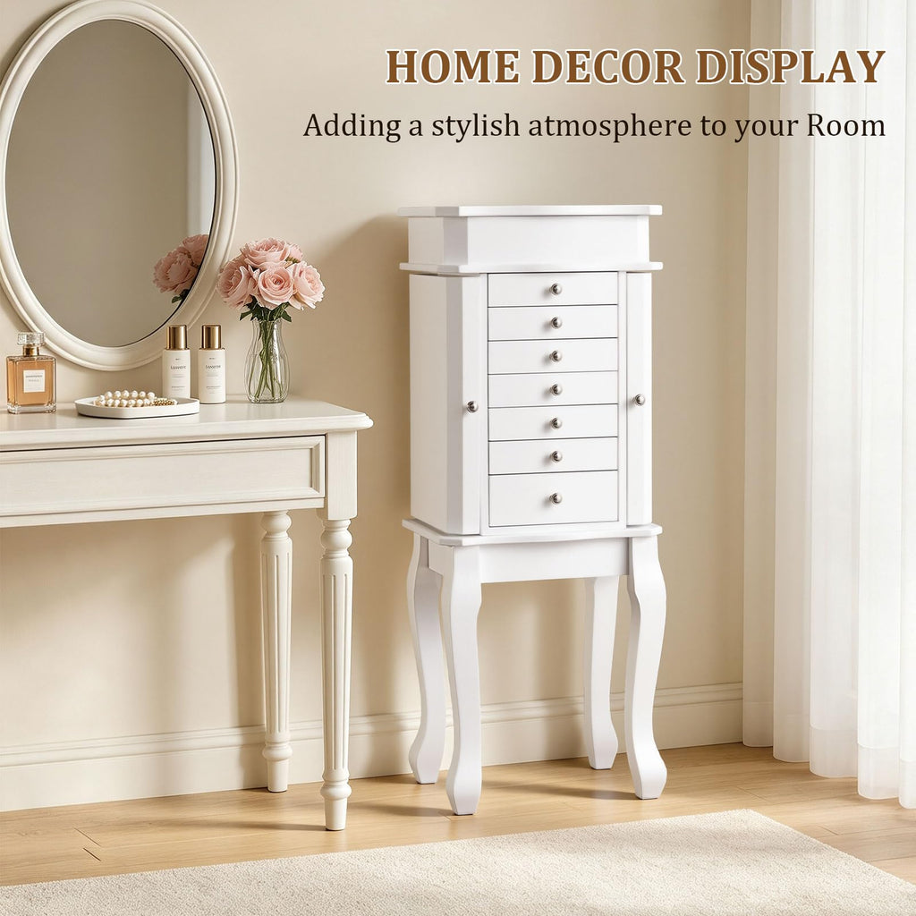 Standing Jewelry Armoire Cabinet, Large Standing Jewelry Organizer Box with Top Flip Mirror, 7 Drawers & 2 Side