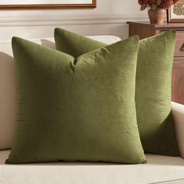 Velvet Throw Pillow Covers 20x20 Inch Pack of 2 Light Olive Green
