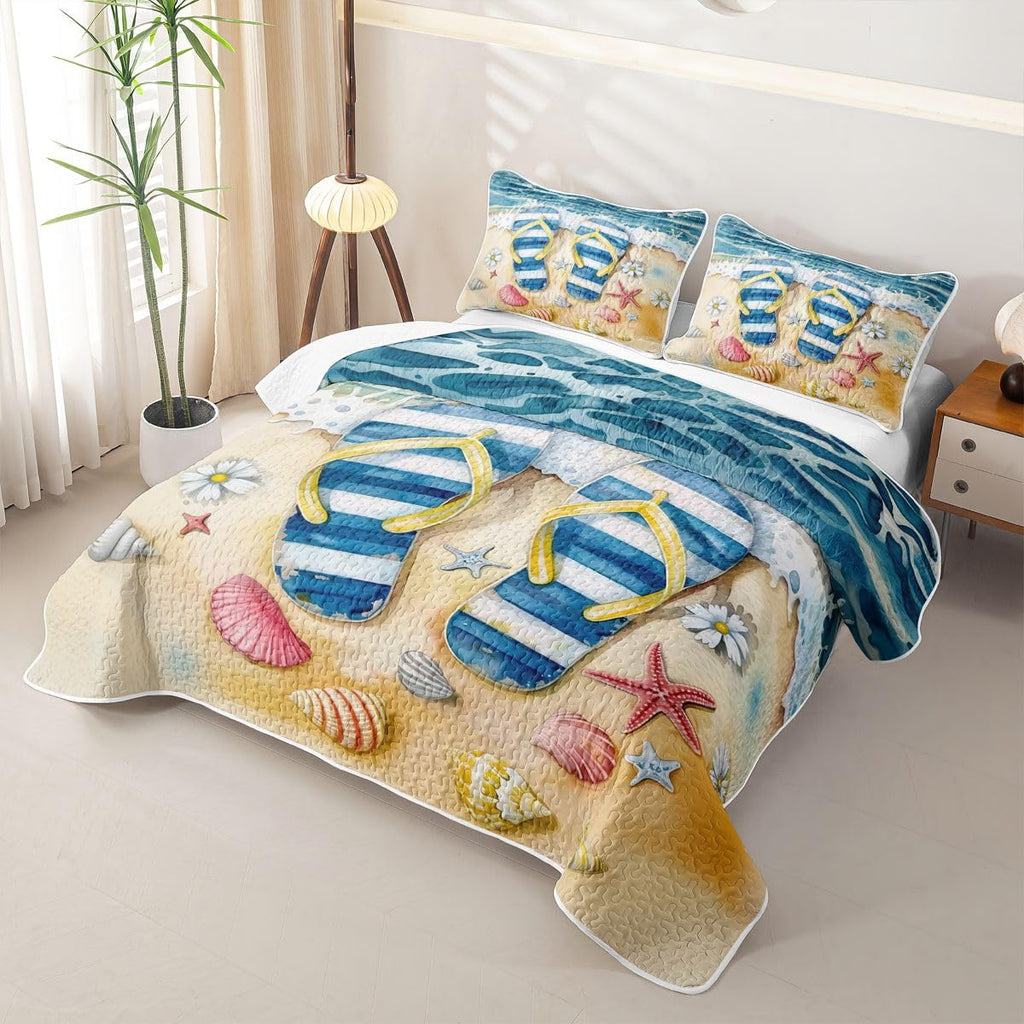 Flip Flop Quilted Bedspread Set, Seashell Starfish Microfiber Lightweight, Tropical Beach Quilt Sets for All