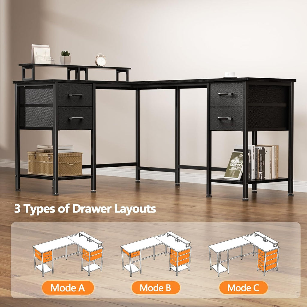 59 inch L Shaped Computer Desk with Power Outlets, Black | Ideal , Corner, 4 Adjustable Storage Drawers, 2 Monitor