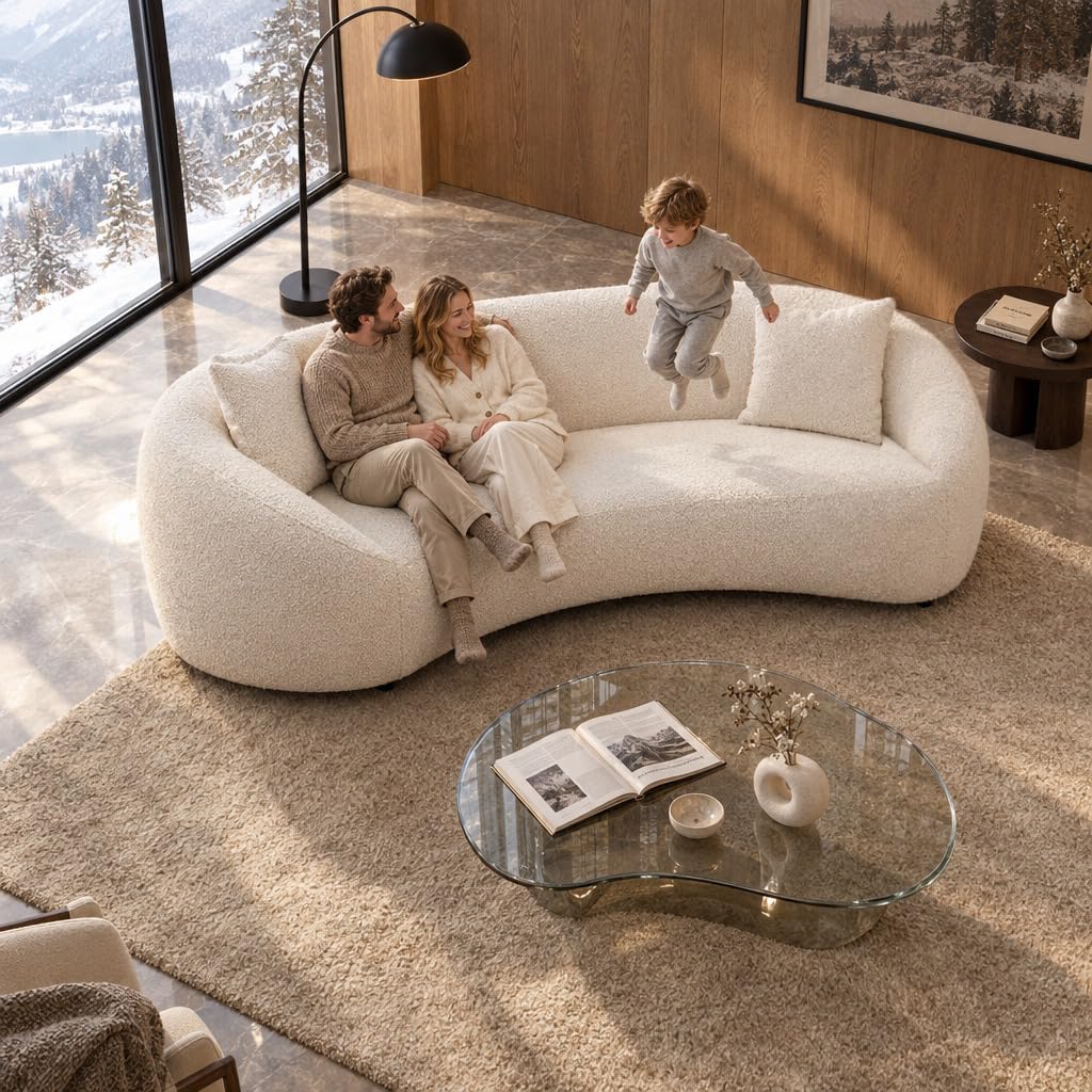 Curved Sofa Couch, 93", Chenille, Modern, White Boucle