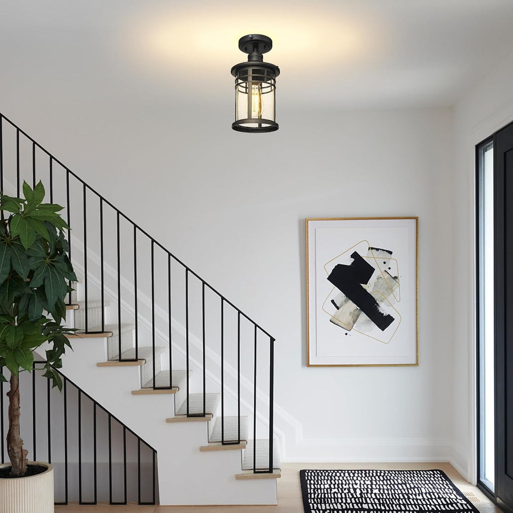 Semi Ceiling Light Fixtures, Dusk to Dawn Black Flush Mount Ceiling Lighting with Waterproof Seeded Glass Shade