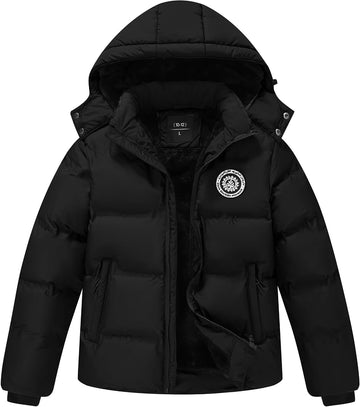 Kids Winter Coat Warm Fleece Thermal Padded Jackets with Detachable Hood Outdoor Puffy Jacket with Zip Pockets
