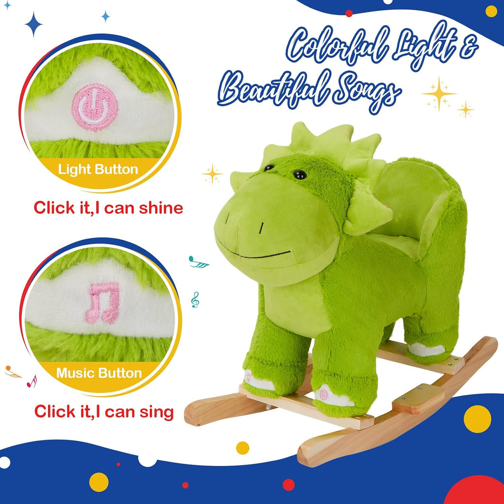 Light up Music Dinosaur Rocking Horse Stuffed Animal Set of 2 with Glowing Singing Dinosaur Plush Toy Wooden Chair