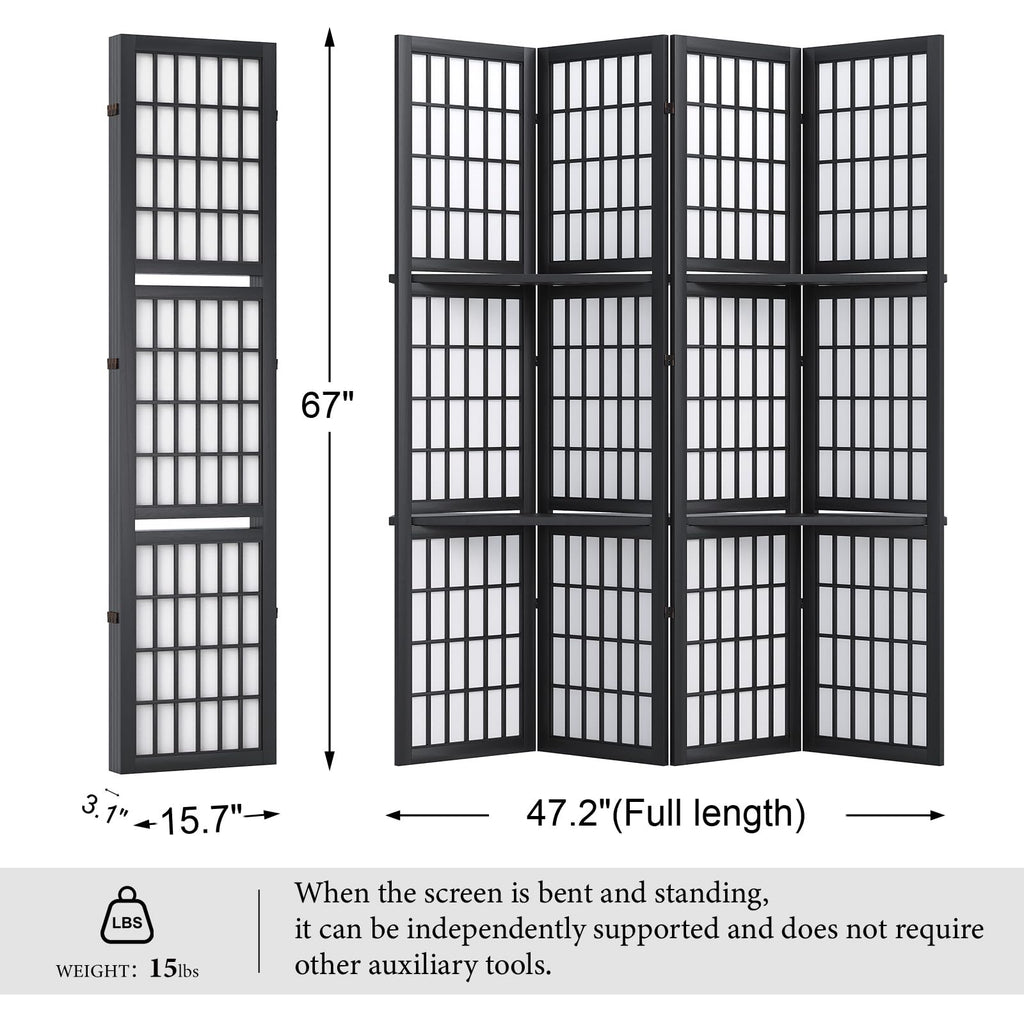 5.6FT Room Divider and Folding Portable Partition Screen, Chinese Japanese Shoji Style with Three Display Shelves for