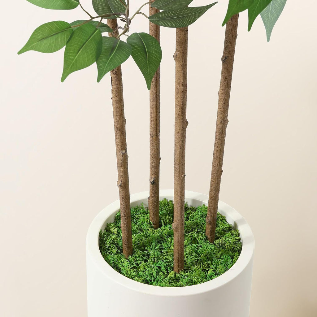 Ficus Artificial Tree 6ft Fake Silk Plant Decor Indoor, Faux Floor Tree in White Imitation Ceramic Planter with Green