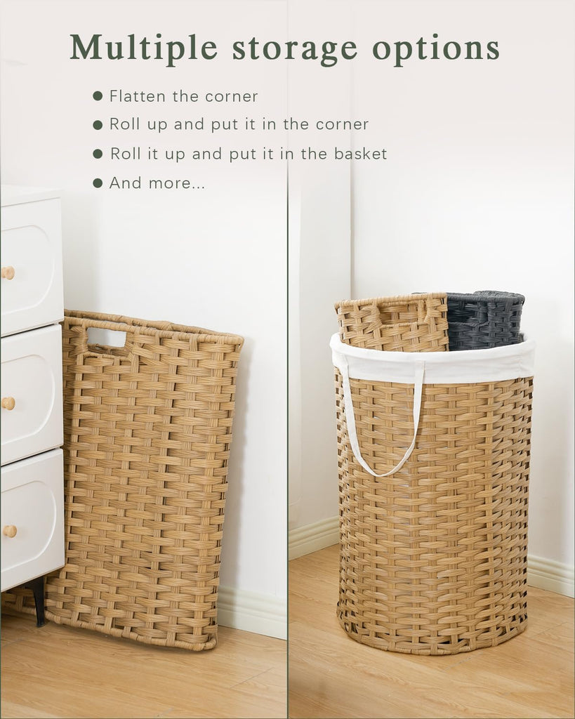 Laundry Basket with Lid Round 29.1 Gal PE Rattan, Natural | Family Clothes & Blanket Trunk with Lid, Removable Liner