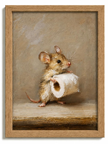 Framed Cute Mouse With Toilet Paper Canvas Wall Art, Funny Animal Bathroom Painting, Vintage Mouse Print Wall
