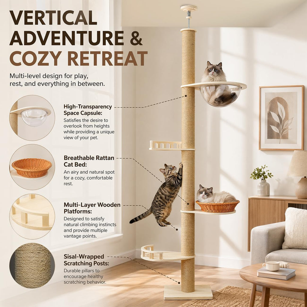 Floor to Ceiling Cat Tree for Indoor Cats, 7-9ft Adjustable Tall Cat Tower