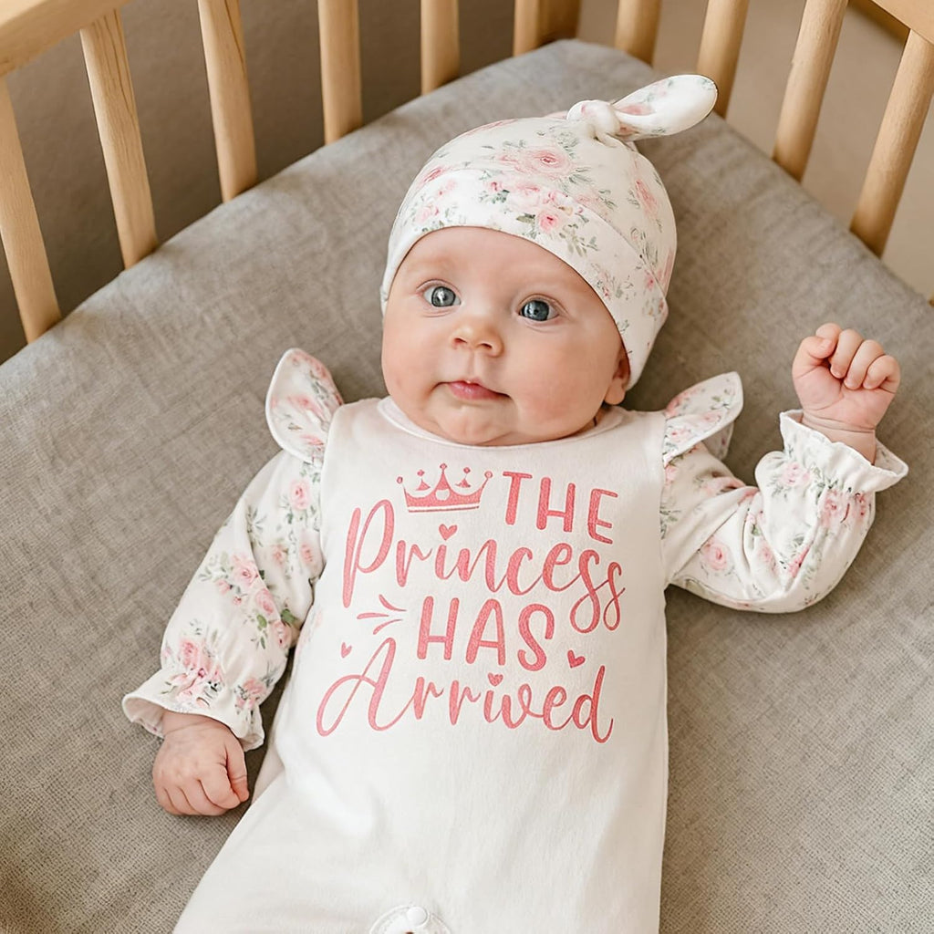 Newborn Baby Girl Outfits Infant Romper Coming Home Ruffled Jumpsuit with Hat Mittens+Booties